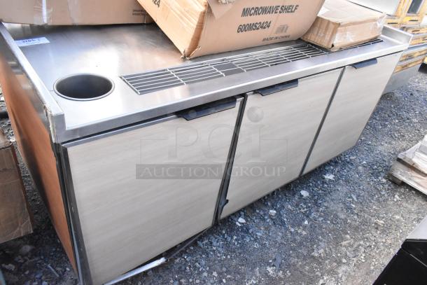 Duke SUB-BD-72-RM stainless steel commercial soda station with three cabinets, built-in cup dispenser, used condition.
