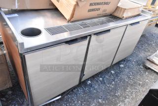 Duke SUB-BD-72-RM stainless steel commercial soda station with three cabinets, built-in cup dispenser, used condition.