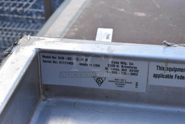 Duke SUB-BD-72-RM stainless steel soda station, model number on label, UL certified, made in USA, serial 01111459.