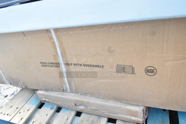 Cardboard box of Regency 600PTSD1860 pass-through shelf with overshelf. Marked with NSF label and barcode.