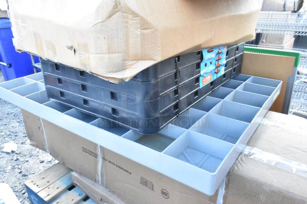 9 brand new scratch-and-dent stainless steel pass-through shelves and overshelves. Box label: "600PTSD1860" visible.