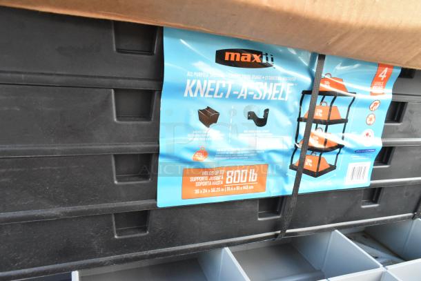 MaxIt Knect-A-Shelf packaging on black shelving unit, highlighting 800 lb capacity, 36"x24"x56.25" size, and multipurpose use.