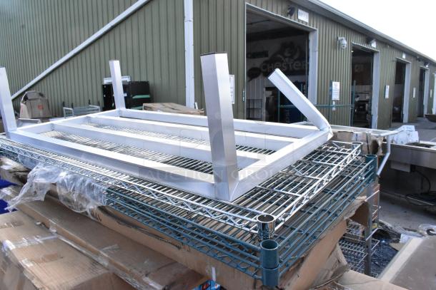 Stainless steel pass-through shelf with overshelf, brand new condition, scratch and dent sale, includes various sizes.
