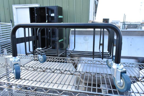 BRAND NEW Lavex Black Slim Trash Can Dolly 475WRDOLLY, sturdy metal frame, four swivel casters, minor scratches.