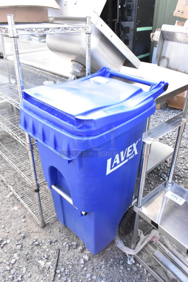 Brand new Lavex blue poly trash can, scratch and dent, with lid. Features Lavex Pro branding. Ideal for commercial use.