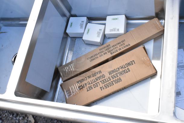Regency 600S32424 stainless steel 3 bay sink, brand new with scratch and dent, includes boxed braces and components.