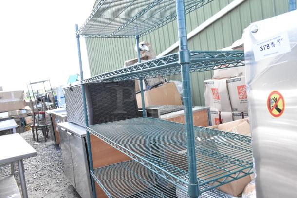 Green finish 5-tier wire shelving unit, excellent condition. Buyer must dismantle, consider freight charges.