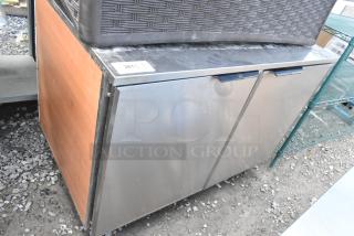 Duke Stainless Steel Commercial 2 Door Work Top Counter, industrial-grade, used condition, includes visible size markings.