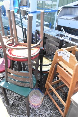 Wooden high chairs and brown metal dining chairs, mixed condition. Includes safety labels and stackable design. 10-piece set.