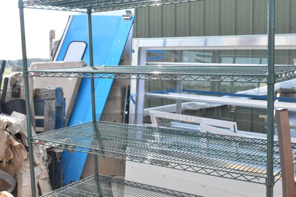 Green finish 5 tier wire shelving unit, sturdy metal frame. Buyer must dismantle; consider freight charges.