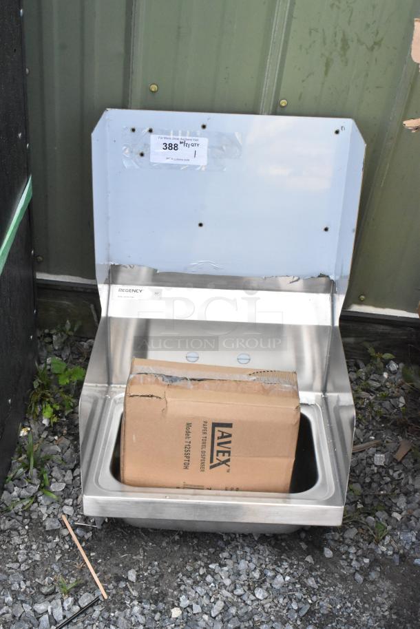 BRAND NEW SCRATCH AND DENT Regency 600HS17KSS stainless steel single bay sink, visible labeling, dented box included.