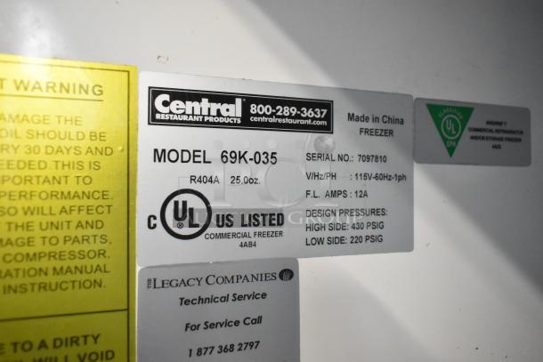 Centaur Model 69K-035 stainless steel commercial freezer tag, UL listed, 115 volts, 1 phase, with design pressure specs.