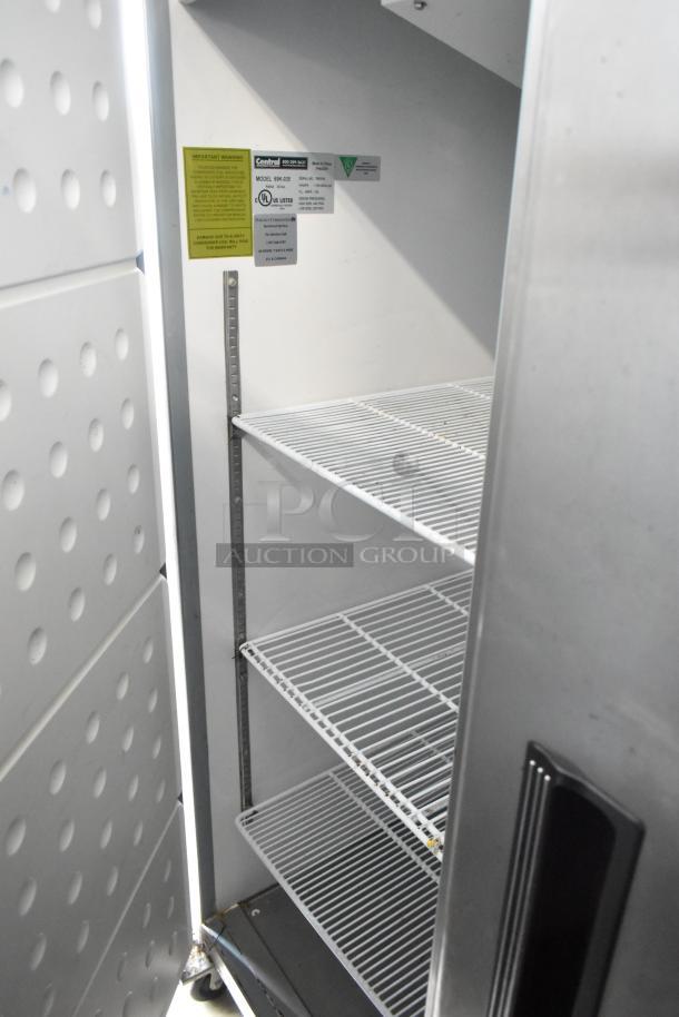 Centaur 69K-035 Stainless Steel 2-Door Commercial Freezer with racks, 115V, 1 Phase, labels visible inside, excellent condition.
