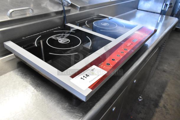 Brand new 2025 Avantco 177IC18DB double induction range, 120V, 1 Phase, with minor scratches, labeled with model and controls.