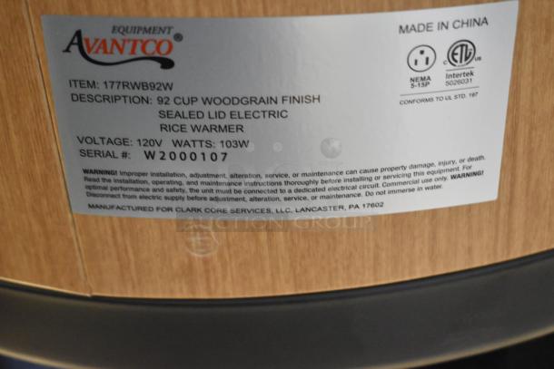 Avantco 177RWB92W rice warmer label, 92 cup capacity, woodgrain finish, 120V, 103W, new condition, serial W2000107.