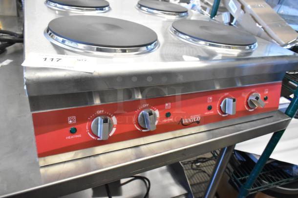 Brand new Avantco 177CER400 stainless steel 4-burner electric range, scratch and dent condition, 208/240V, 1 phase.