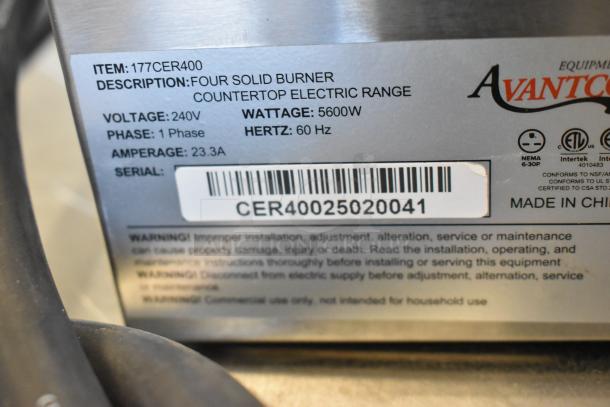 Avantco 177CER400 stainless steel 4-burner electric range label, 240V, 5600W, 1 Phase, scratch and dent condition.
