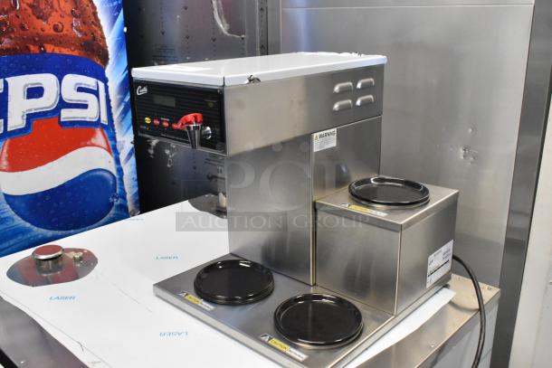 Curtis ALP3GTR12A000 stainless steel 12-cup coffee brewer with three lower warmers on right, brand new, 120V, 1 phase.