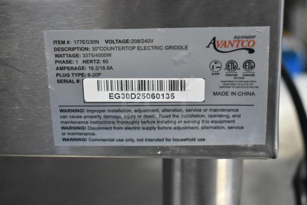 Avantco 177EG30N electric countertop griddle, 30", stainless steel, 208/240V, 1 phase, new scratch and dent, label shown.