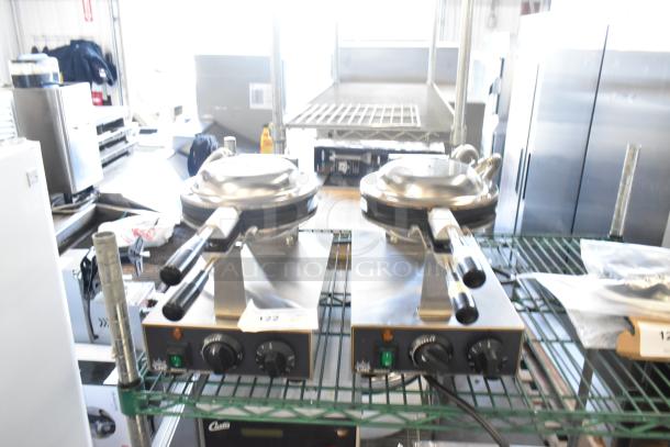 2 Carnival King 382BWM30 Non-Stick Single Bubble Waffle Makers; new condition, with timers, 120V, 1 Phase.