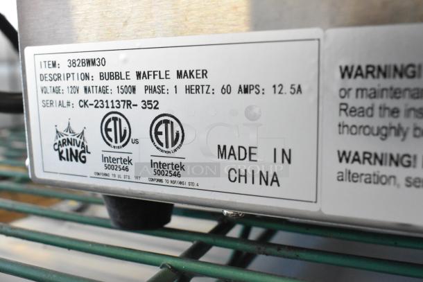 2023 Carnival King 382BWM30 Bubble Waffle Maker, non-stick, 120V, 1 phase, ETL certified, made in China, new condition.