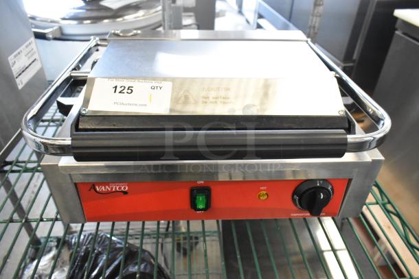 Brand new Avantco 177PG200GS commercial panini grill, scratch and dent. Grooved top, smooth bottom, 13 3/8"x8 3/4" surface.