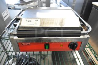 Brand new Avantco 177PG200GS commercial panini grill, scratch and dent. Grooved top, smooth bottom, 13 3/8"x8 3/4" surface.