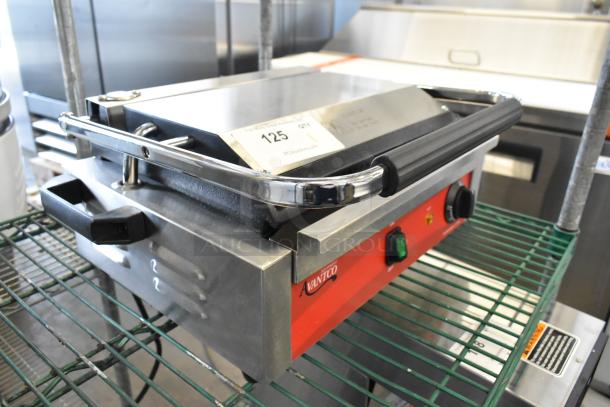 Brand new Avantco 177PG200GS commercial panini grill with grooved top, smooth bottom, stainless steel, 13 3/8"x8 3/4" surface.