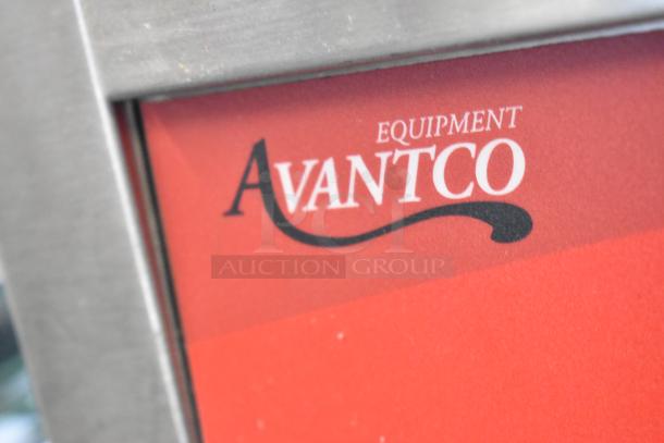 Alt text: Close-up of Avantco logo on stainless steel commercial panini sandwich grill, model 177PG200GS.