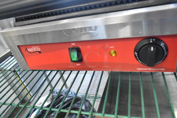 BRAND NEW Avantco 177PG200GS commercial panini grill, stainless steel, grooved top, smooth bottom, 13 3/8" x 8 3/4" surface.