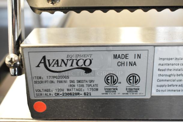 2023 Avantco 177PG200GS stainless steel panini grill, grooved top, smooth bottom, 13 3/8" x 8 3/4" surface, 120V.