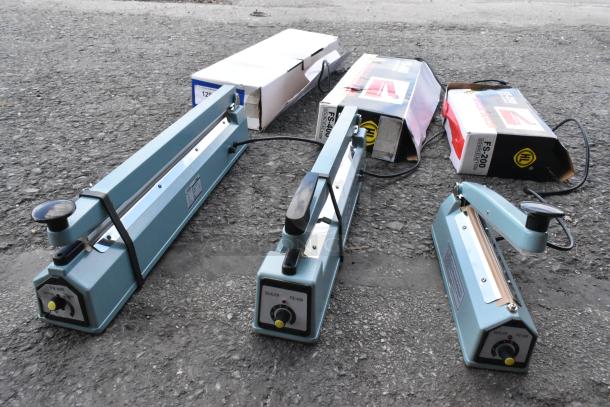 3 new Galaxy Impulse Heat Bag Sealers, scratch and dent, with timer, 110V, 1 phase. Includes models FS-200, FS-300, FS-400.