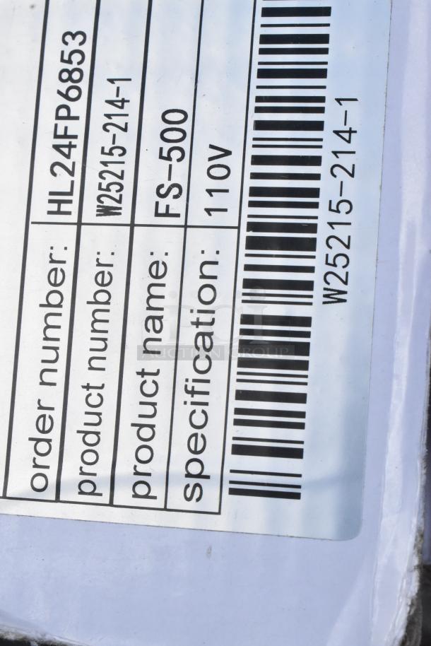 Barcode label showing order number HL24FP6853, product number W25215-214-1, model FS-500, specification 110V.