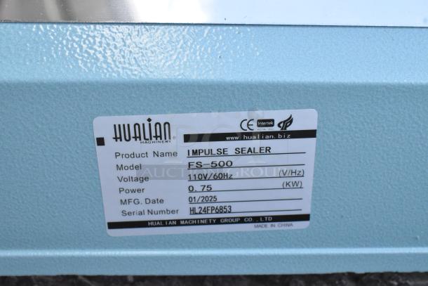 "Galaxy Impulse Heat Bag Sealer FS-500 label, 110V, 0.75KW, MFG 01/2025, Serial HL24FP6853, Hualian Machinery Co., Made in China."
