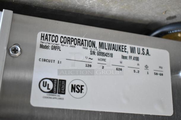 Hatco GRFFL Glo-Ray food warmer label, showing 120 volts, 1 phase, UL and NSF certifications, and S/N: 6009542518.