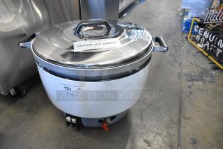 Brand new Avantco 177GRC110LP metal countertop liquid propane rice cooker, 22,000 BTU, with "Caution: Hot Surface" label.