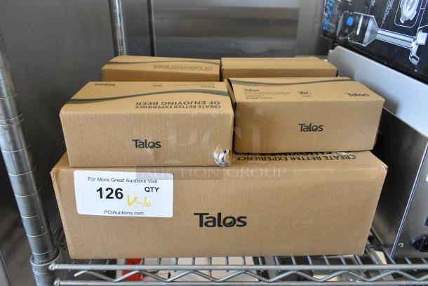 Six Talos boxes labeled as scratch and dent, including Avantco 178TOWERDBL 2 Tap Tower and Keg Couplers. Quantity marked as 6.