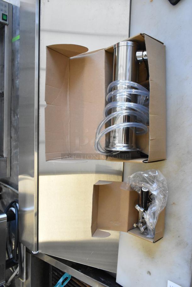 Brand new Avantco 178TOWERDBL 2 Tap Tower in box with keg couplers and hoses. Scratch and dent, 3" column. 6 items included.