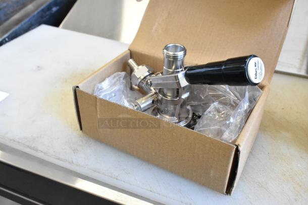 Boxed Avantco 178TOWERDBL 2 Tap Tower with keg couplers, brand new scratch and dent, chrome finish, 3" column.