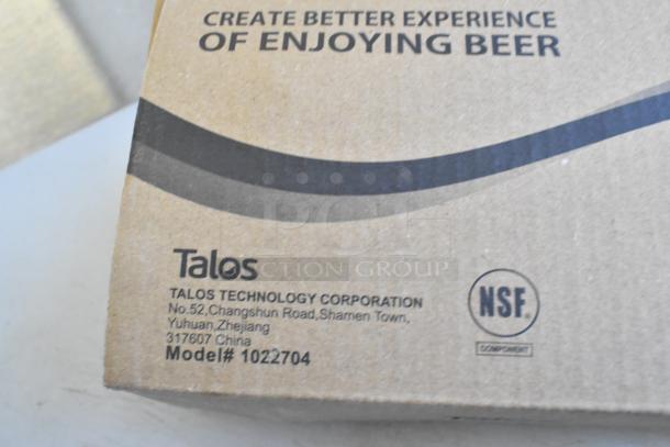 Box with Talos Technology Corporation details, including address in Yuhuan, Zhejiang, China, and Model# 1022704.