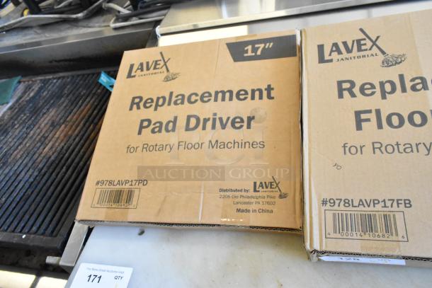3 new Lavex items: 978LAVP17PD pad driver, 978LAVP17FB nylon brush, 978LAVP17CB carpet brush for 17" rotary floor machines.