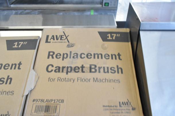 3 Lavex items: 17" pad driver, black nylon floor brush, black & white carpet brush; new scratch and dent condition, boxed.