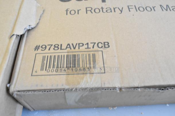 Brand new, scratch and dent Lavex items: Pad Driver, Black Nylon Brush, and Carpet Scrubbing Brush for 17" rotary floor machines, in packaging with visible markings and barcode.
