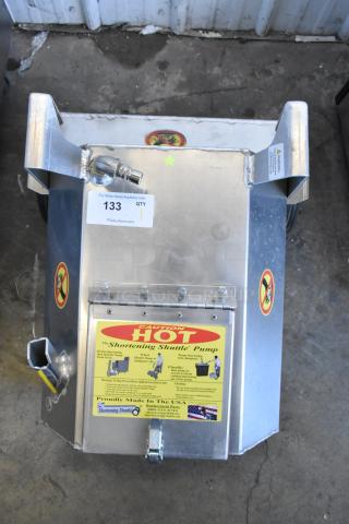 Shortening Shuttle SS-914-B stainless steel waste oil cart with handle, wheels, caution labels, and pump instructions visible.