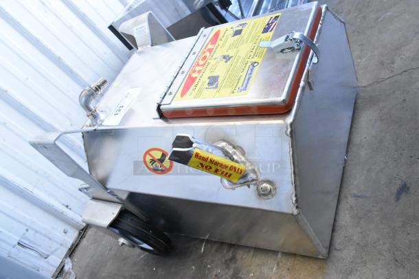 Shortening Shuttle SS-914-B stainless steel waste oil cart, commercial use, features warning labels, excellent condition.