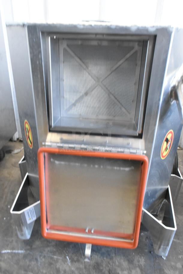 Shortening Shuttle SS-914-B waste oil cart, stainless steel, commercial use, visible no-touch logos, sturdy condition.