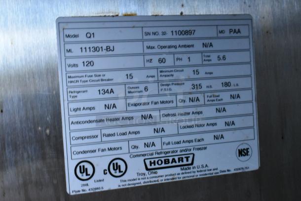 Hobart Q1 commercial cooler label, model 111301-BJ, 120 volts, 1 phase, shows electrical specifications and branding details.