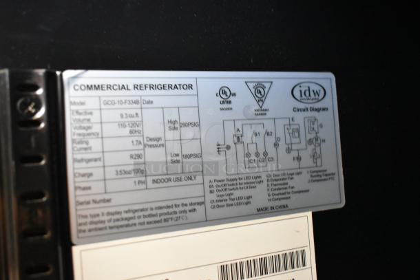 IDW GCG-10-F334B cooler label; 115V, 1 Ph, R290 refrigerant, 9.3 cu. ft. capacity. Model number and circuit diagram visible.