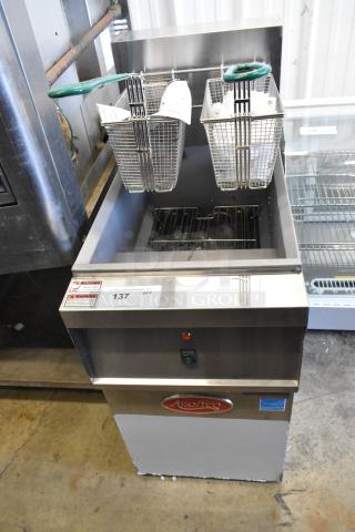 BRAND NEW SCRATCH AND DENT! 2024 Avantco 177EF40D Stainless Steel Commercial Floor Style Electric Powered Deep Fat Fryer w/ 2 Metal Fry Baskets. 240 Volts, 1 Phase. - Item #1214109