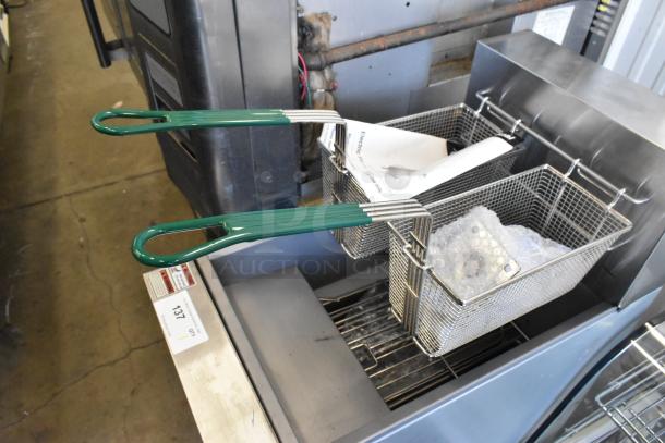 Brand new Vulcan 177EF40D stainless steel deep fat fryer, electric-powered, 240V, with two metal fry baskets.